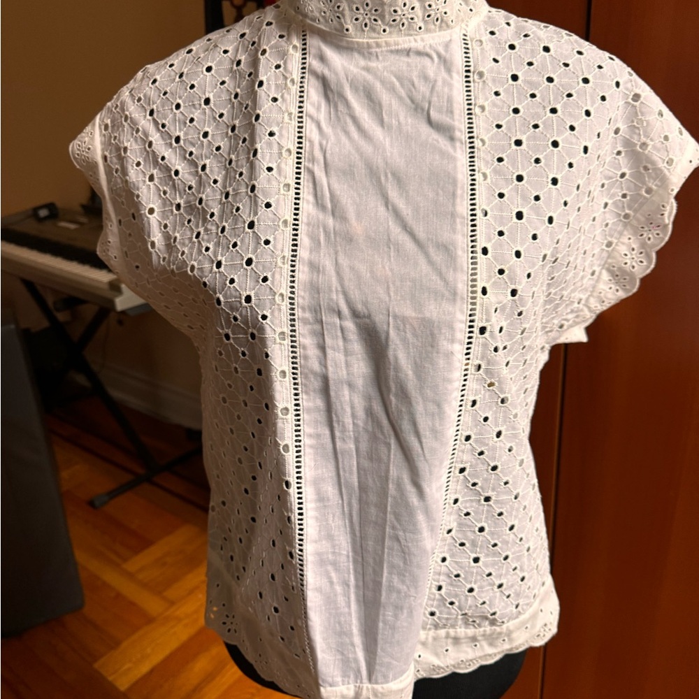 Zara White Eyelet Lace High Neck Blouse